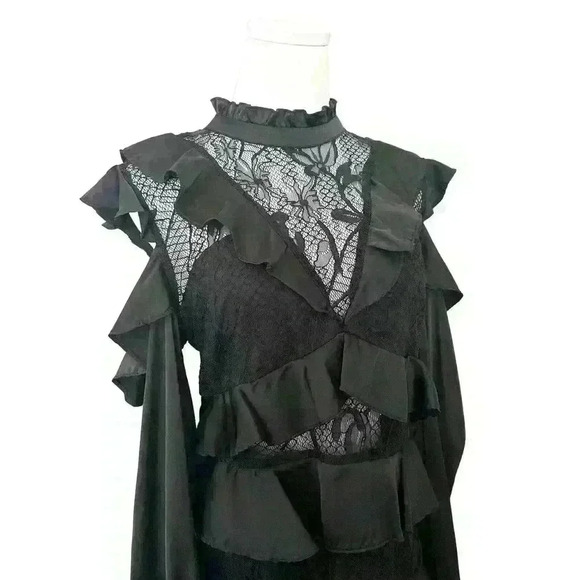 Dark Pink Lace Black High Neck Dress Edgy Gothic Victorian (NWT $155) - Picture 2 of 12